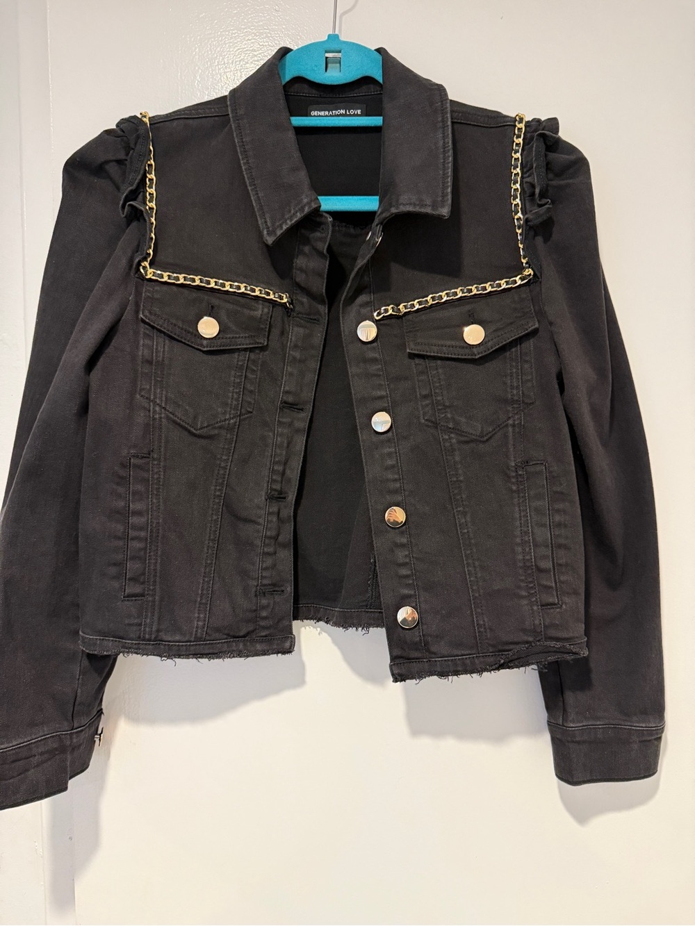 Generation Love Black Denim Jacket with Gold Chain Trim - WORN 1x